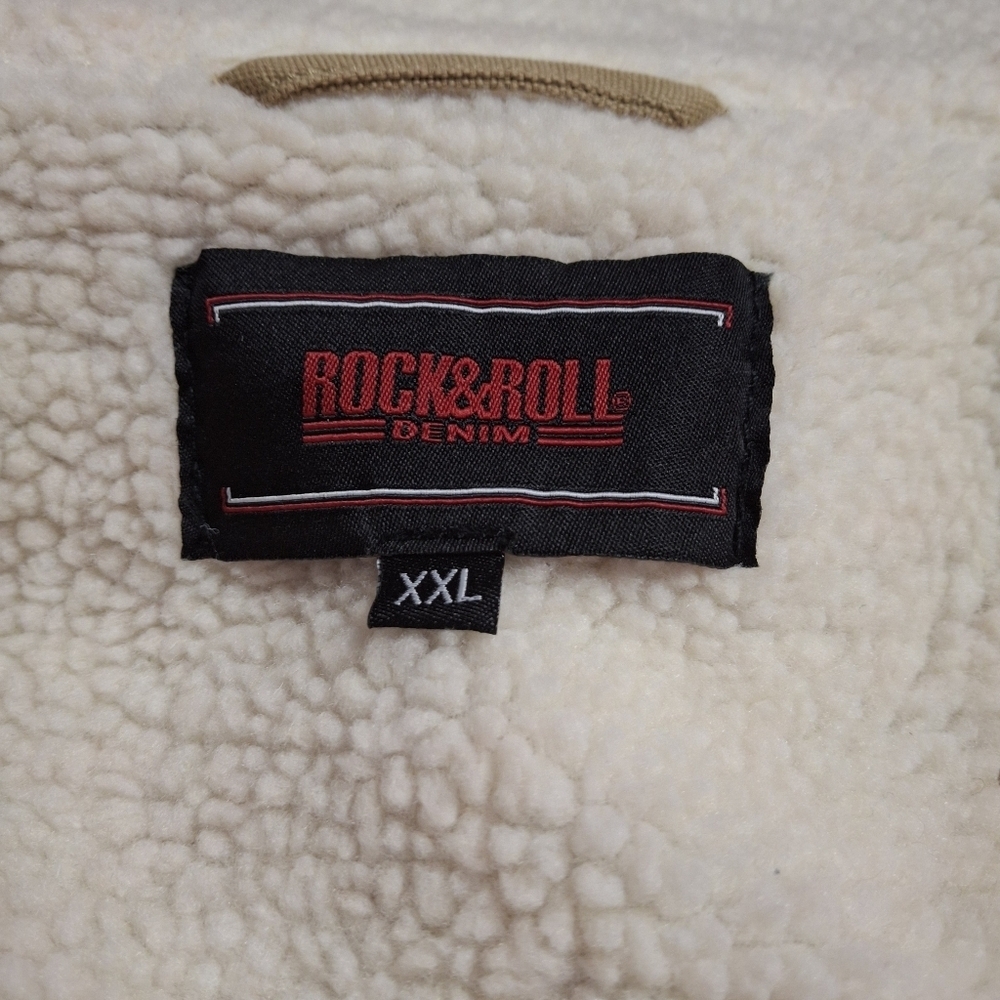 Rock & Roll Khaki Denim Sherpa Lined Trucker Jacket Men Size XXL - Picture 2 of 16